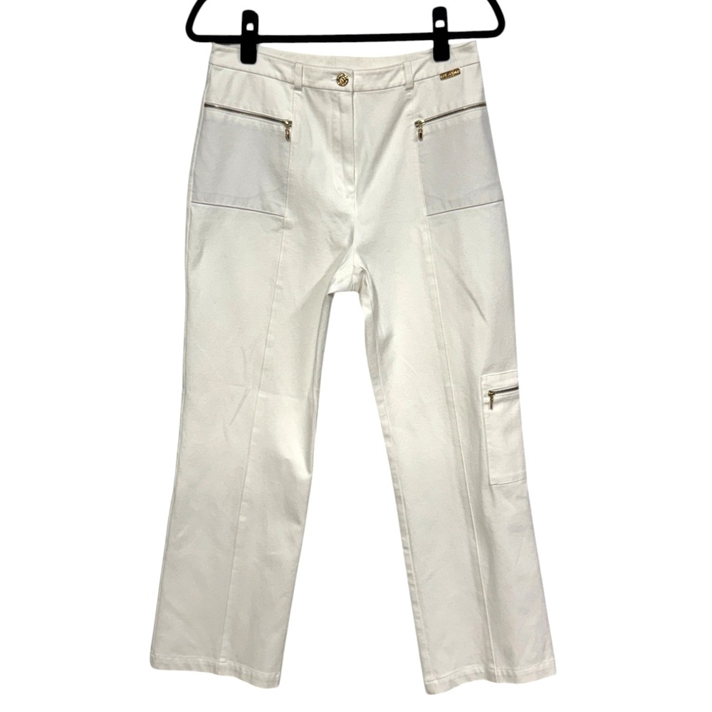 St. John Sport By Marie Jean White Pants, Size 10 Stretchy, Gold Zippers Pockets